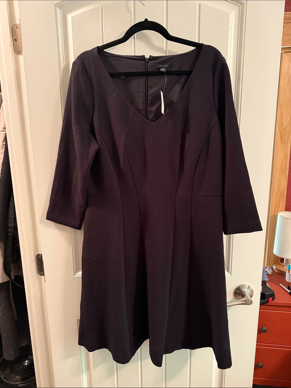 NWT Ann Taylor Black V-Neck Long Sleeve Fit-and-Flare Dress - size 14